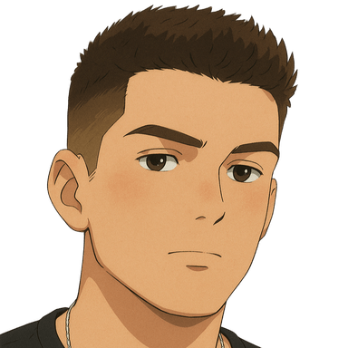 A digital anime-style illustration of a young man with short, dark, styled hair and a fade haircut. He wears a black T-shirt and a thin silver chain necklace. His expression is neutral, and he faces forward against a solid beige background.